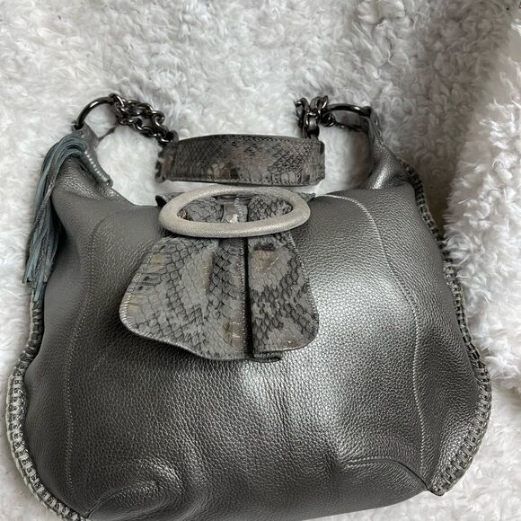 CHI by Carlos Falchil Hobo leather gray shoulder bag with shake skin flap& strap - Picture 5 of 13
